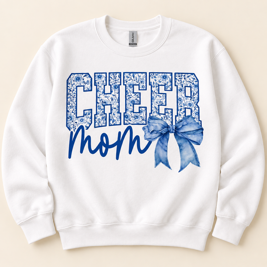 CHEER Mom Sweatshirt | Blue Floral Cheerleading Crewneck