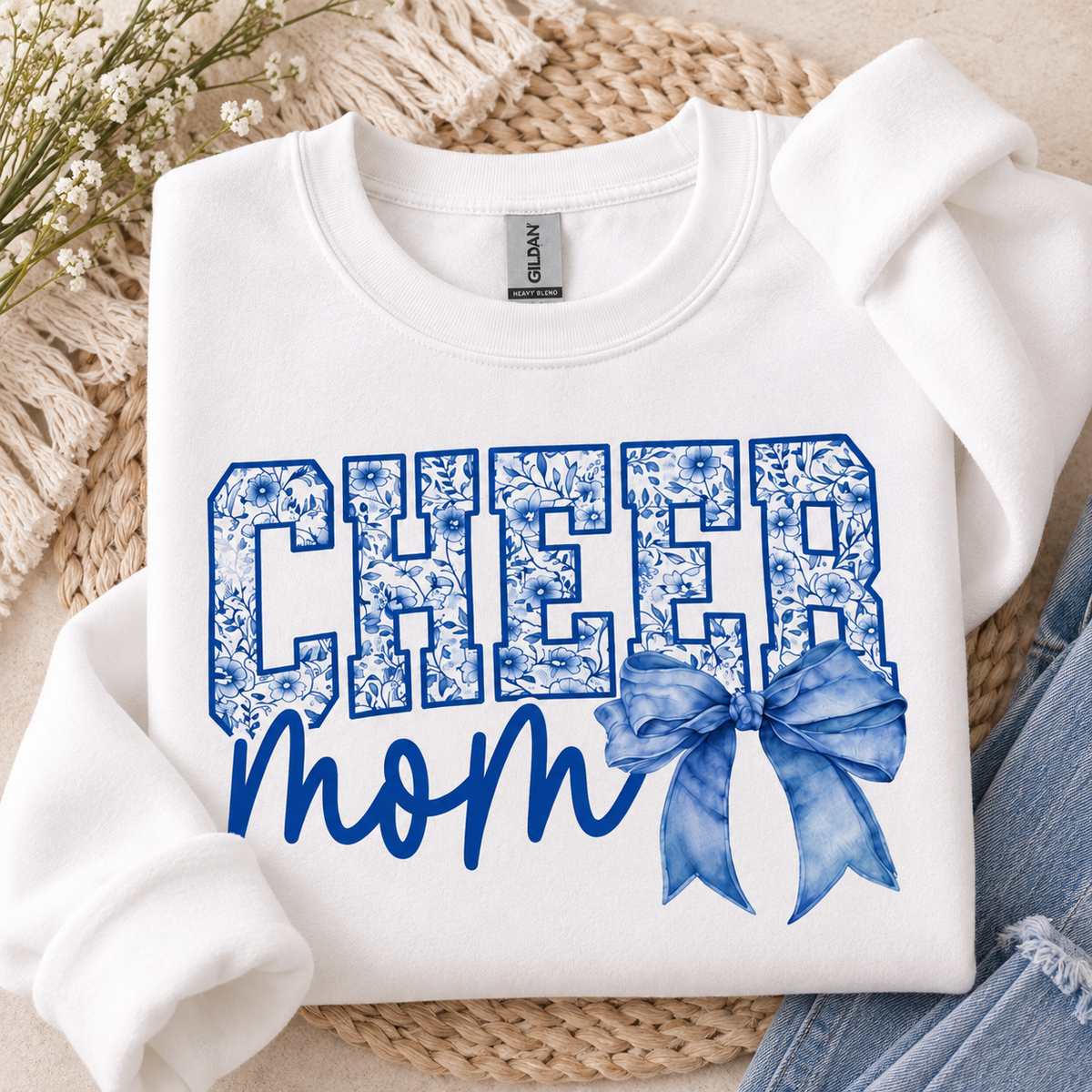 CHEER Mom Sweatshirt | Blue Floral Cheerleading Crewneck