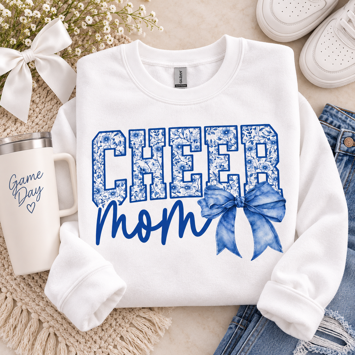 CHEER Mom Sweatshirt | Blue Floral Cheerleading Crewneck